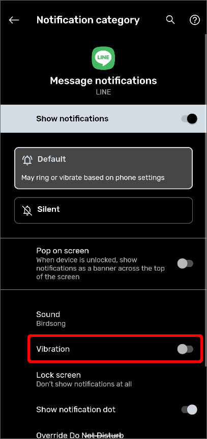 Android版LINEの通知カテゴリーからバイブレーションをタップする