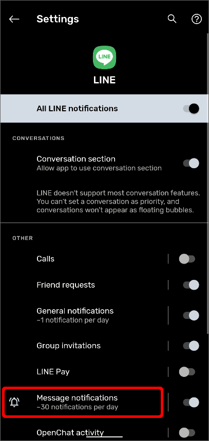 Android版LINEのアプリの設定からメッセージ通知をタップする